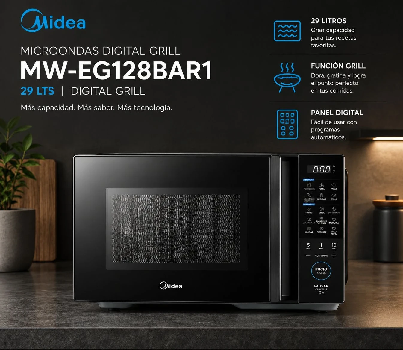 MICROONDAS MIDEA 29LTS CON GRILL DIGITAL NEGRO 
