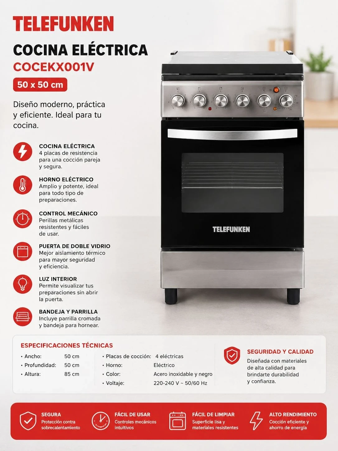 Cocina eléctrica telefunken cocekx001v 50 x 50 cm*