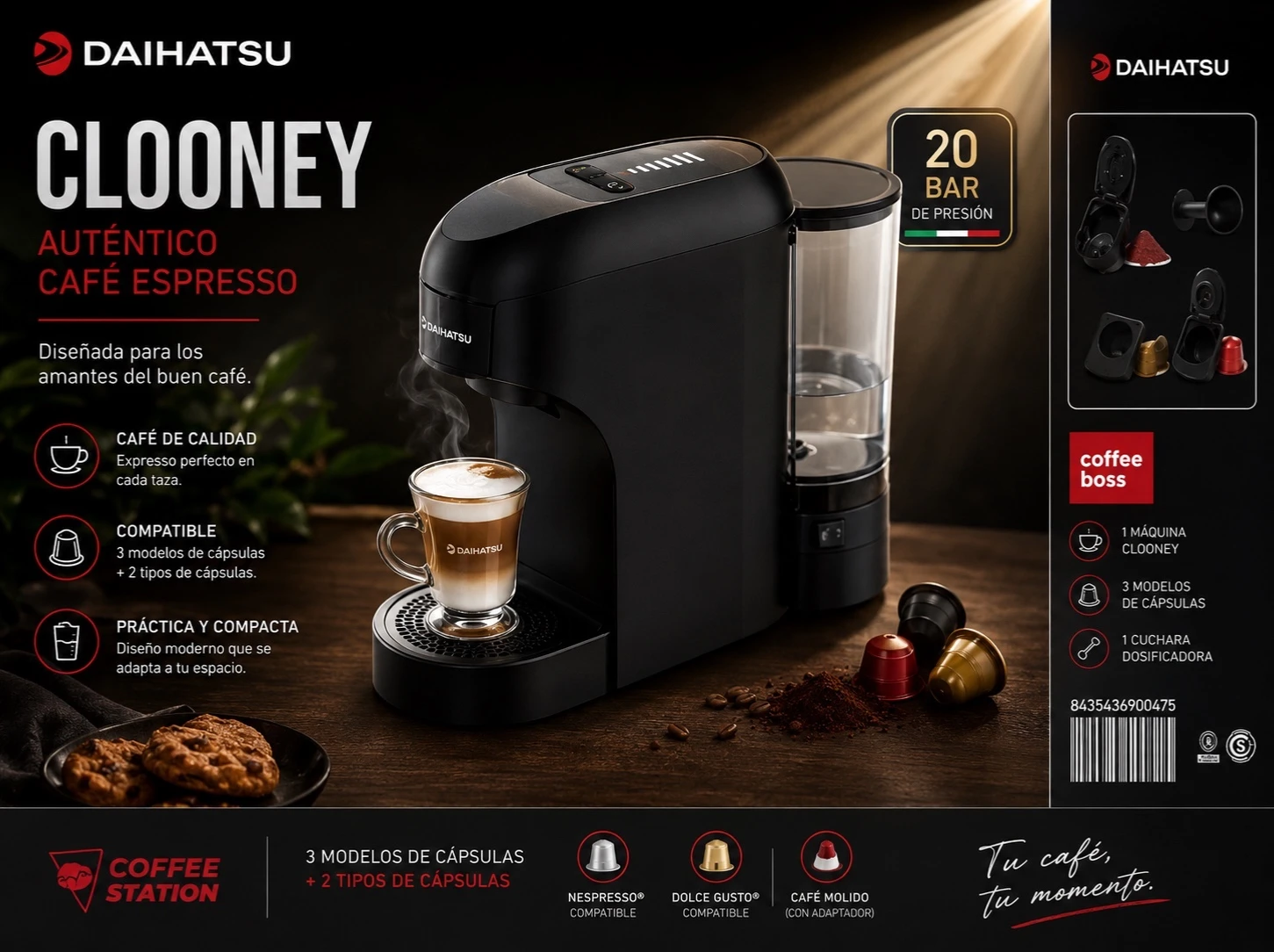 Cafetera Expresso Daihatsu Clooney Multicápsula 20 Bares Color Negro 1100w Nspre50