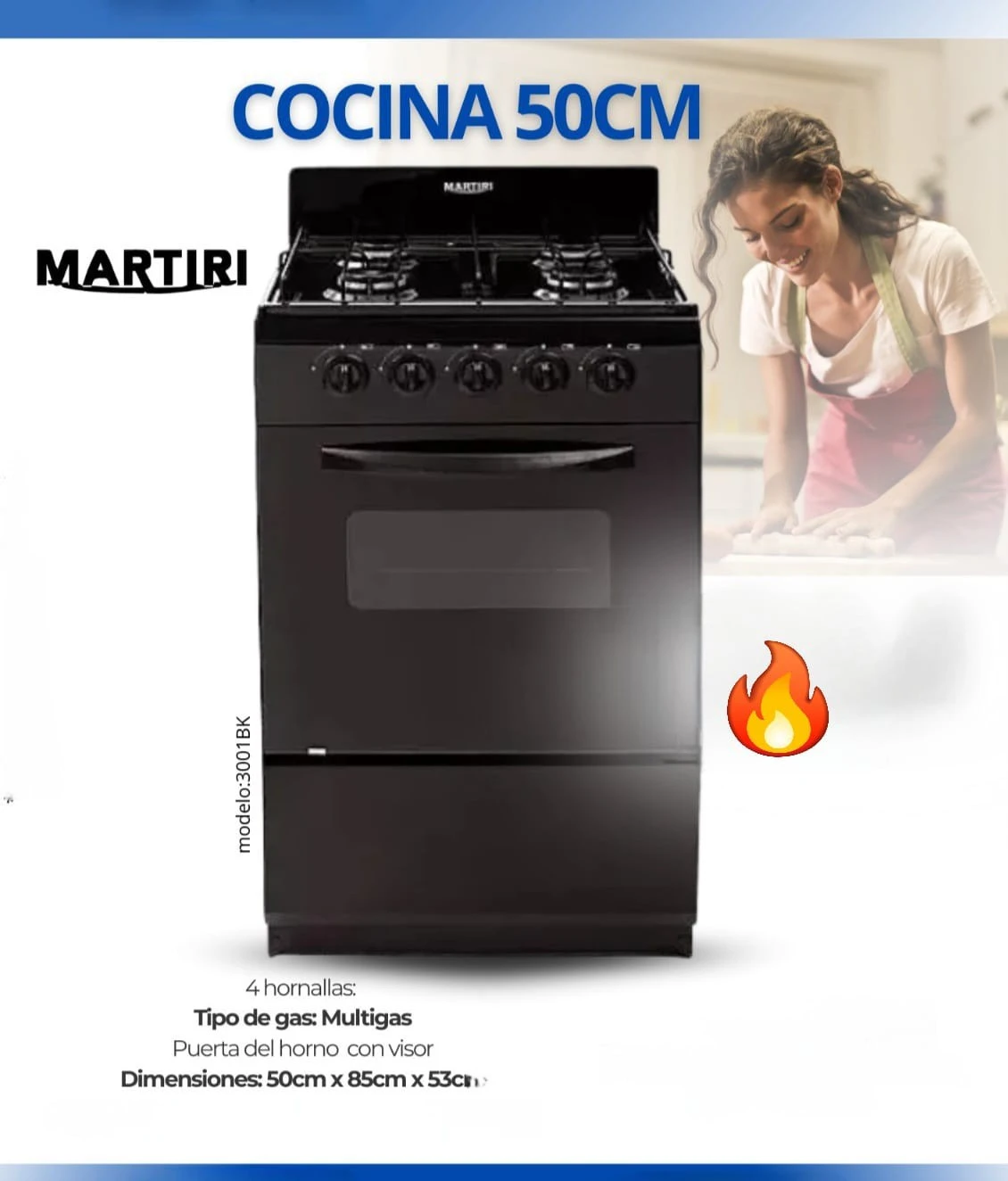 Cocina Martiri New Lujo a gas LIC. 4 hornallas negra puerta con visor