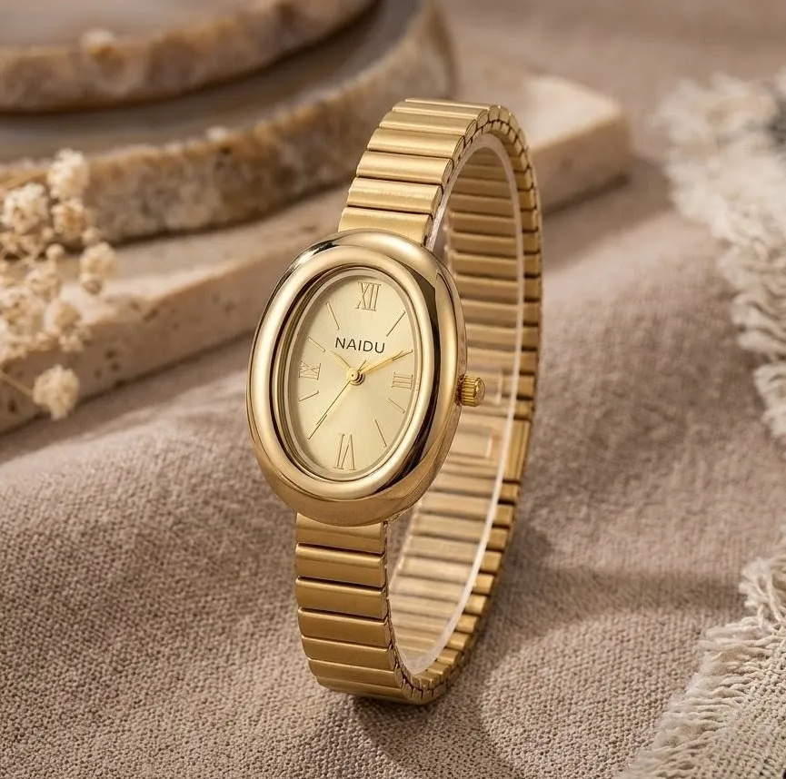 Reloj Naidu Original Acero Análogo Ovalado Dorado Fondo Dorado