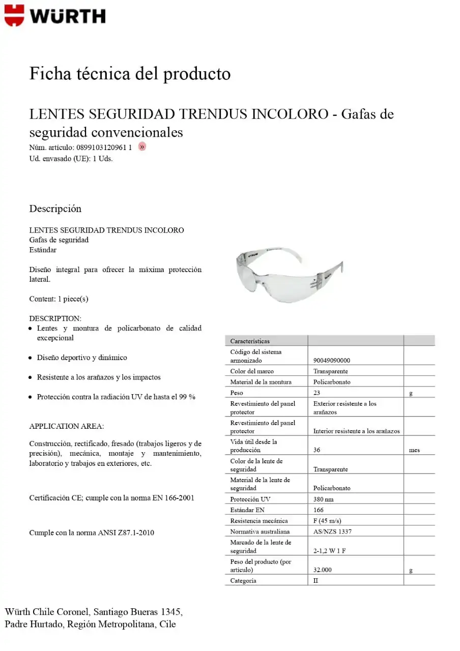 Lente Seguridad Policarbonato TRANSPARENTE STD Wurth 2