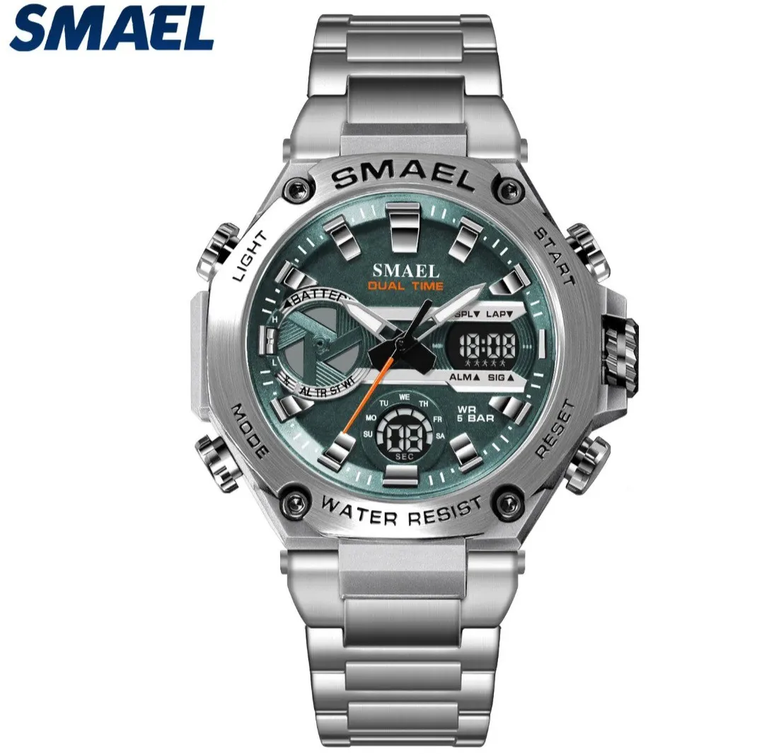 Reloj Smael Original Acero Doble Hora 8097 Sumergible Plateado Fondo Verde 4
