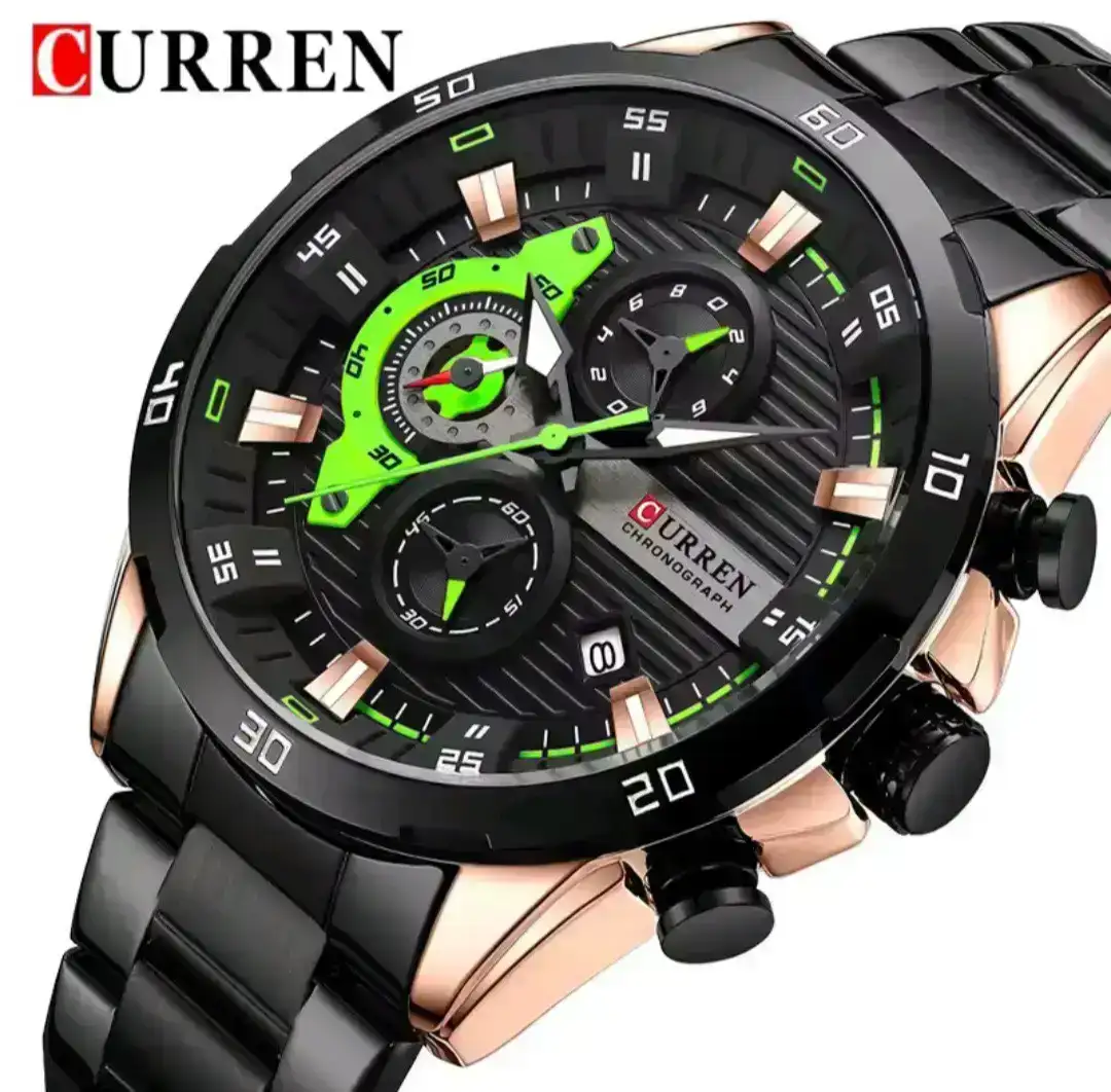 Reloj Curren Original Acero Cronografo 8402 Negro Cobrizo Fondo Negro Detalles Verdes Fluorescente