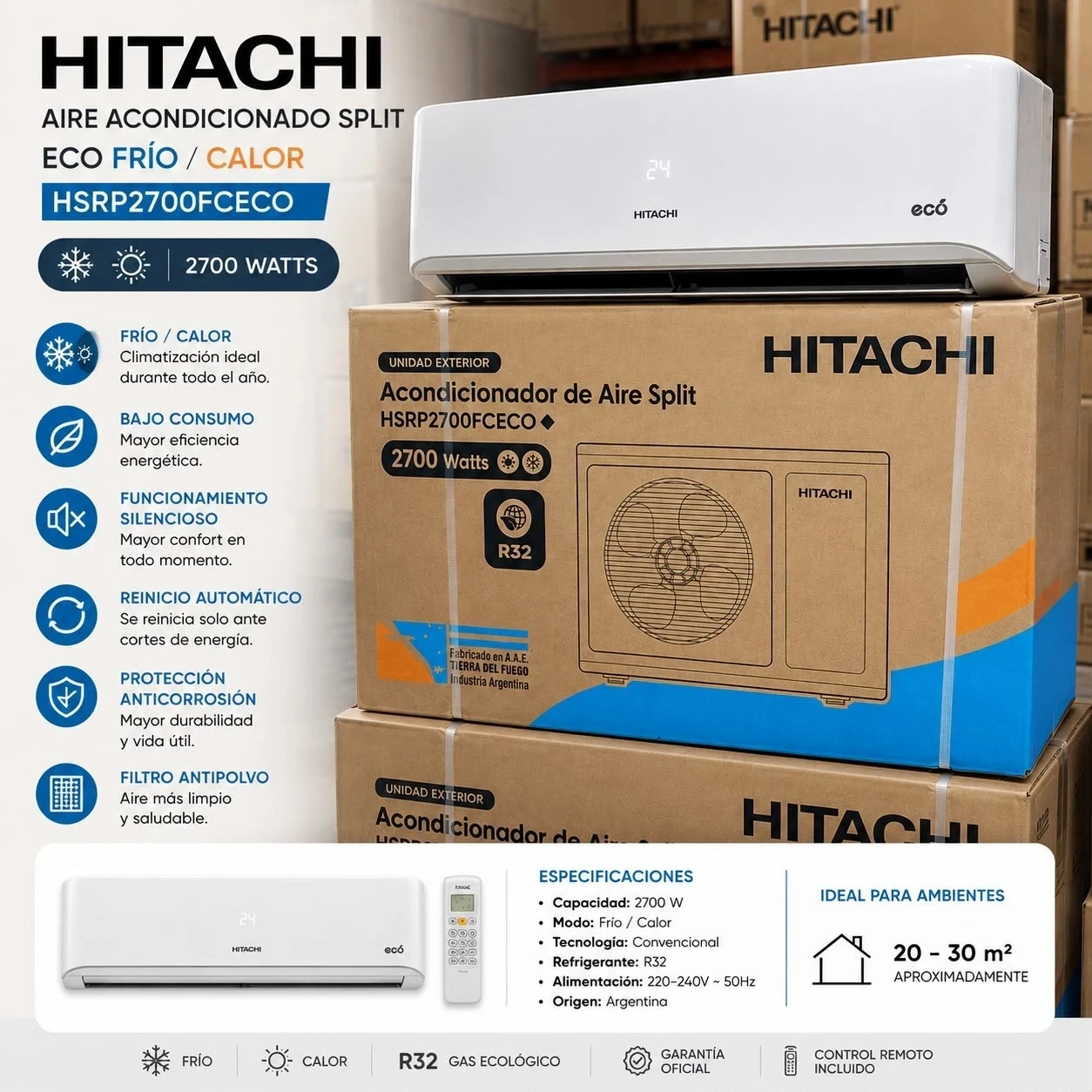 AIRE ACONDICIONADO HITACHI 2700W ECO FRIO/CALOR ON-OFF HSRP2700FCECO