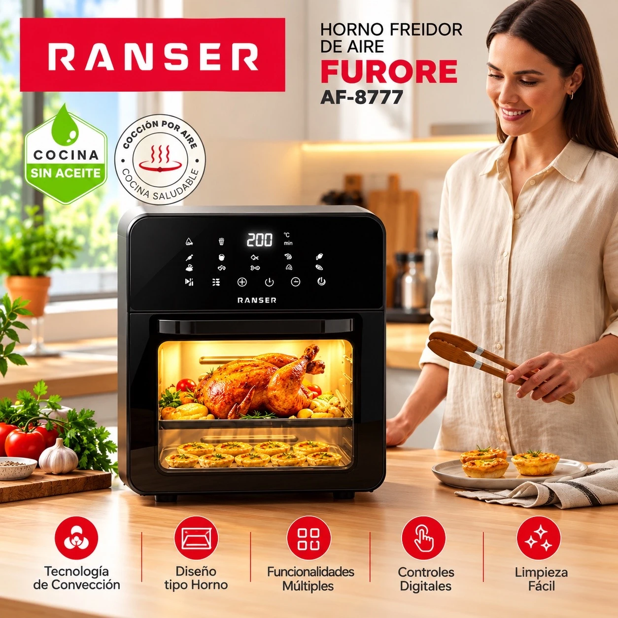 FREIDORA DE AIRE Y HORNO DE CONVECCION 11.5LTS RANSER NEGRO 