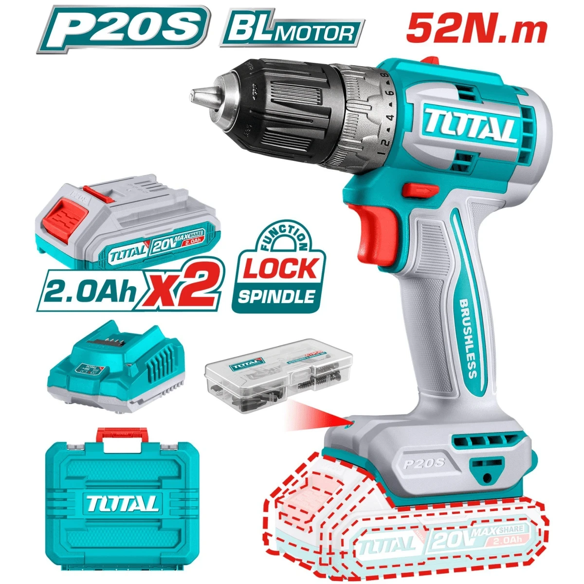 TDLI20453 Taladro atornillador 52nm + 2 baterías 2ah y cargador total 4