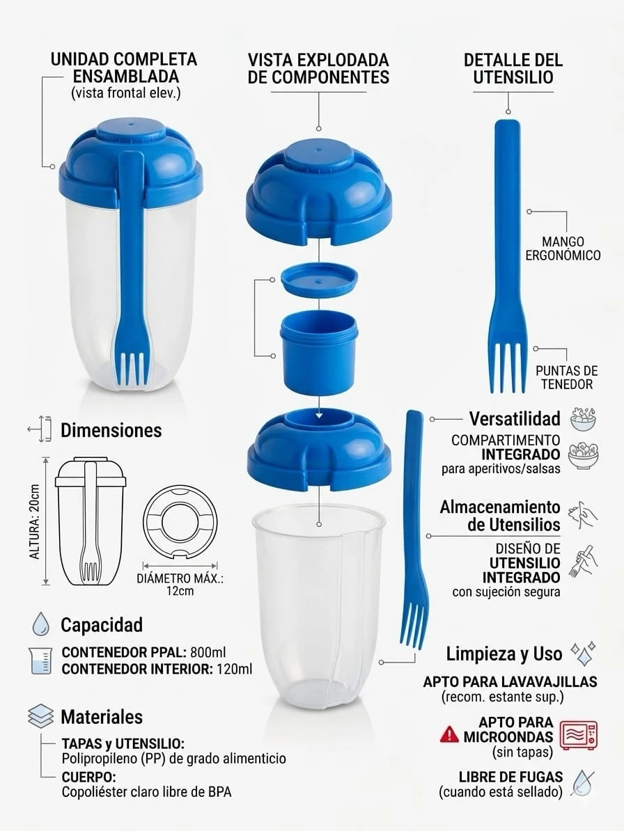 Vaso Portable para Ensaladas y Snacks: Shake & Go con Tenedor y Contenedor de Aderezo 2