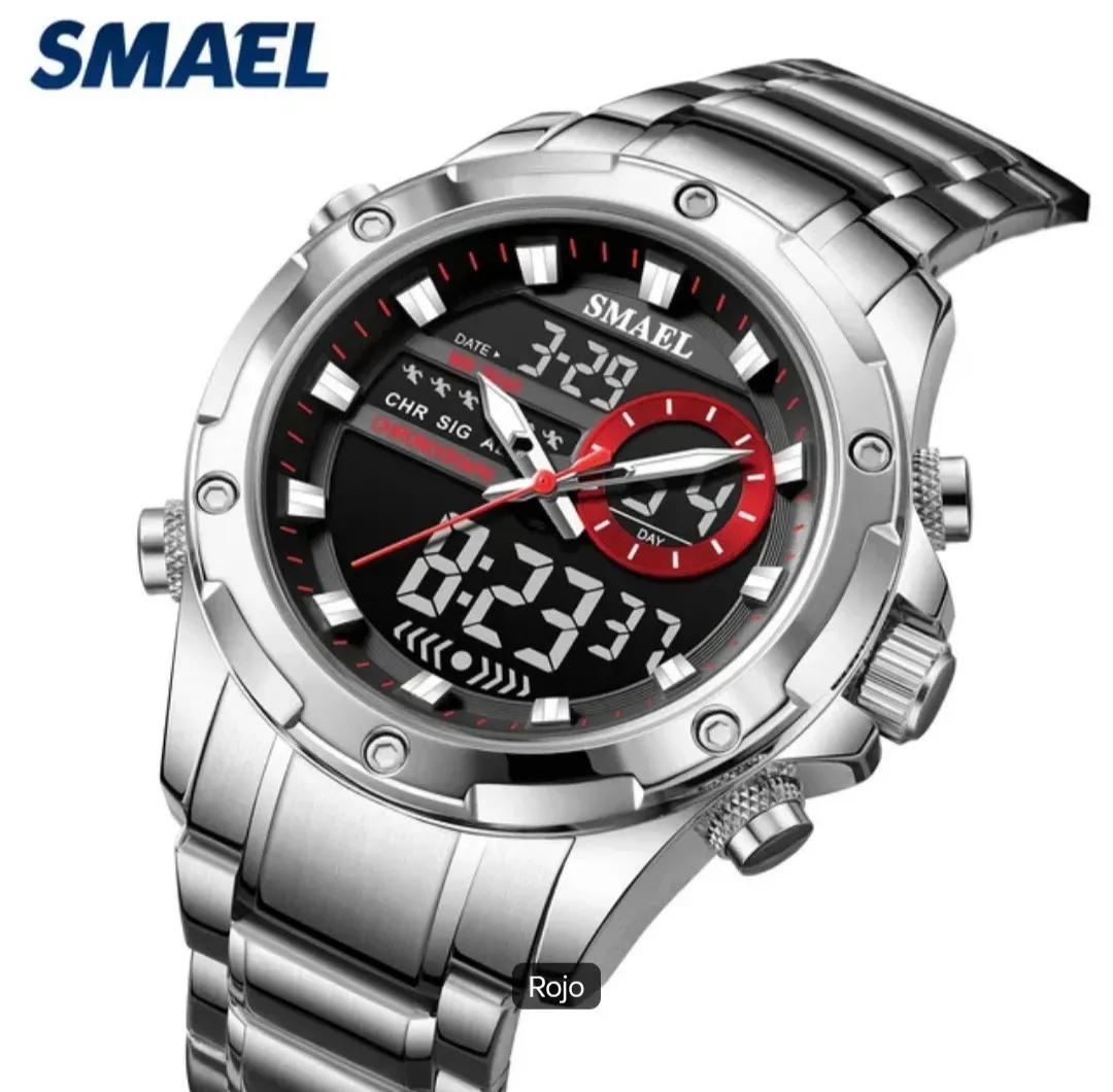 Reloj Smael Original Acero Doble Hora 6050 Sumergible Plateado Fondo Negro Detalles Rojos