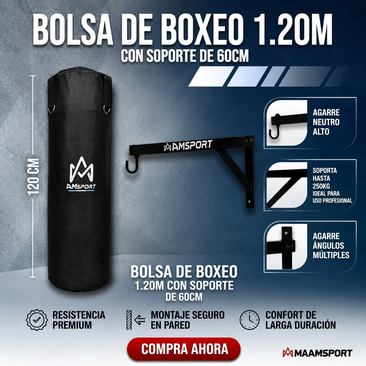 BOLSA DE BOXEO 1.20M CON SOPORTE DE 60CM