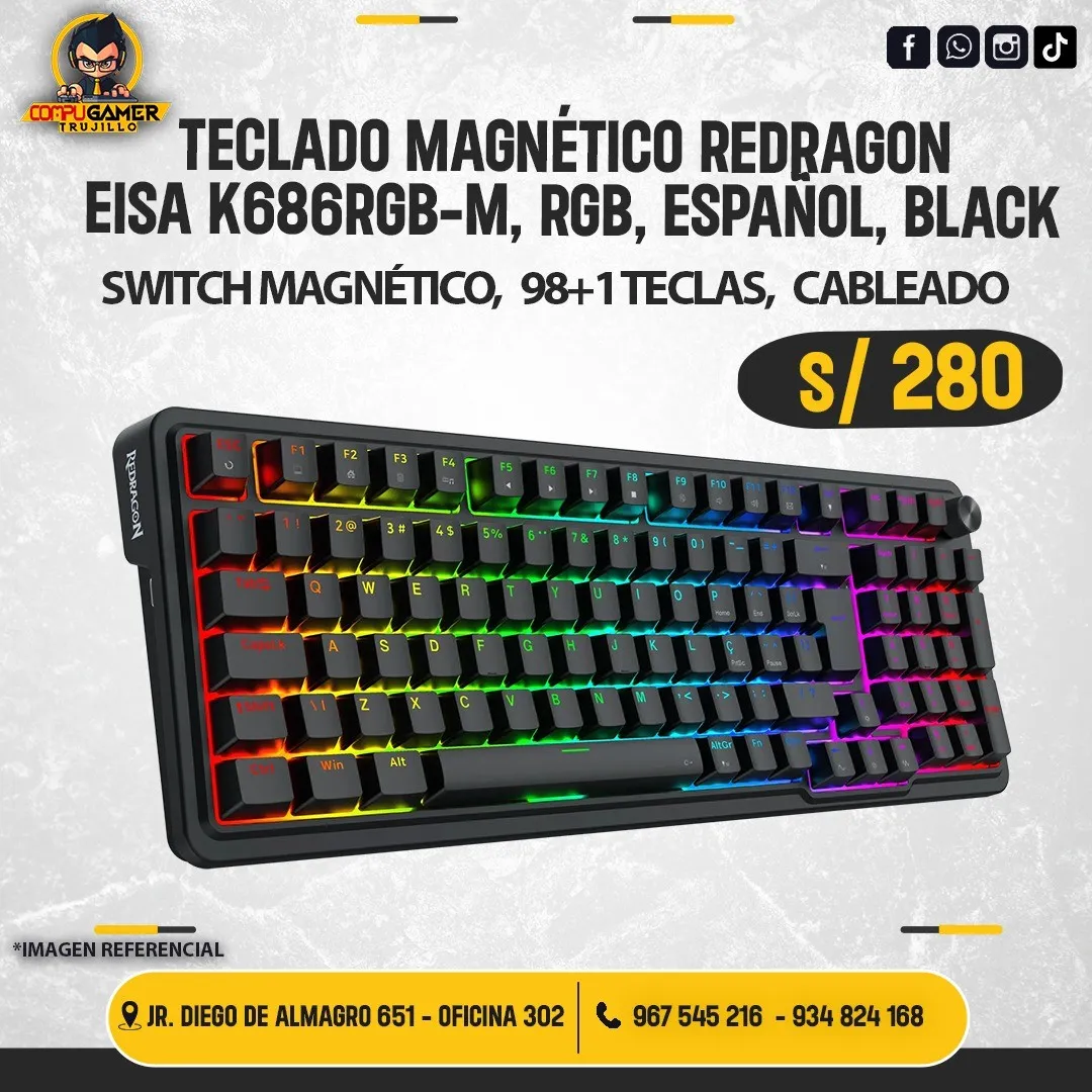 TECLADO MAGNÉTICO REDRAGON EISA K686RGB, RGB, ESPAÑOL, BLACK