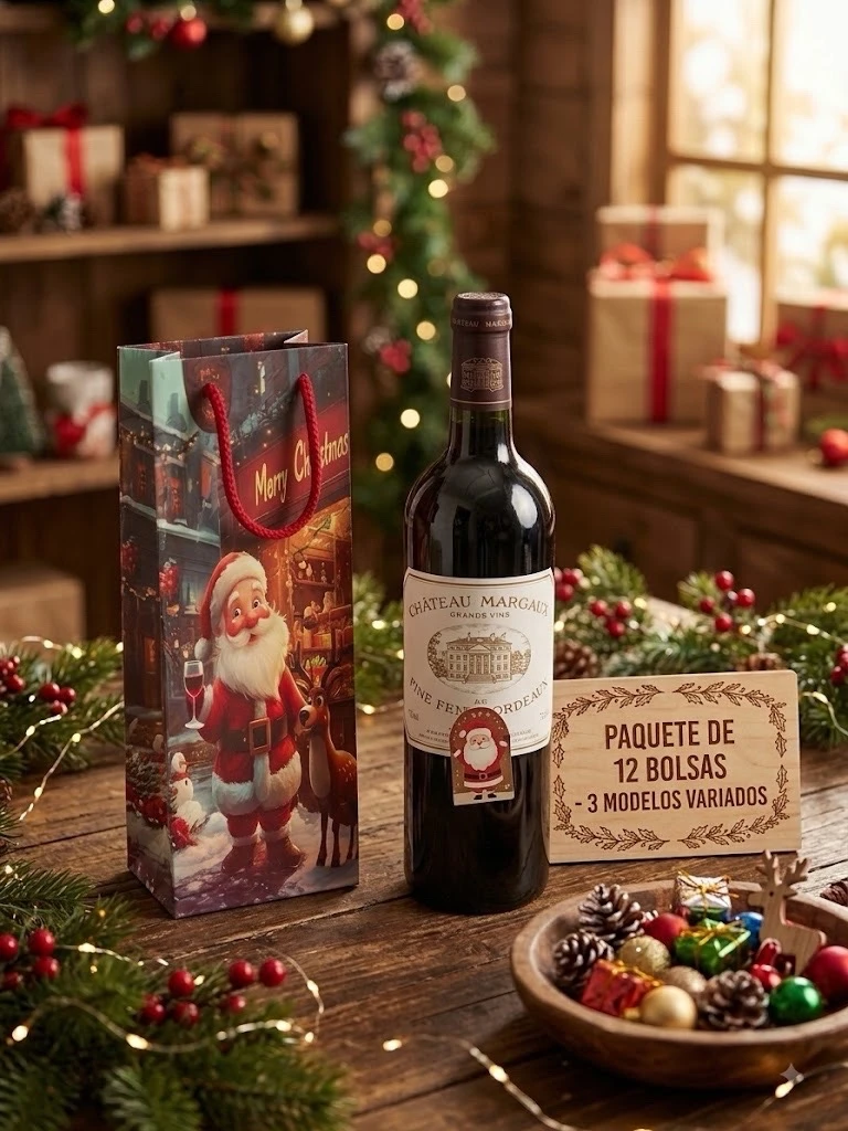 PAQUETE DE 12 BOLSAS NAVIDEÑAS LARGAS DE CARTON 
