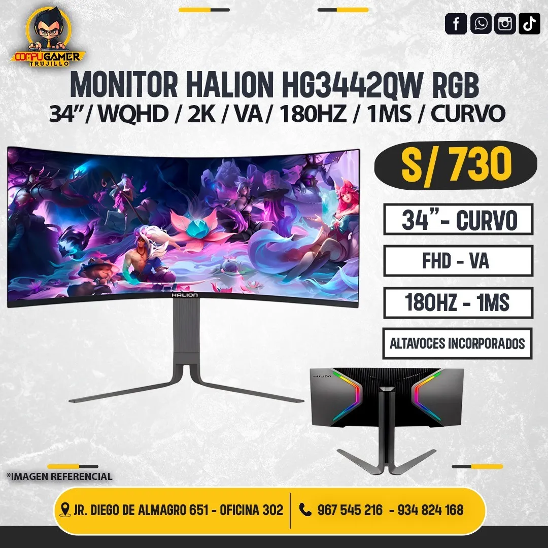 MONITOR HALION 34", WQHD, 2K, VA, 180HZ, 1MS, CURVO 
