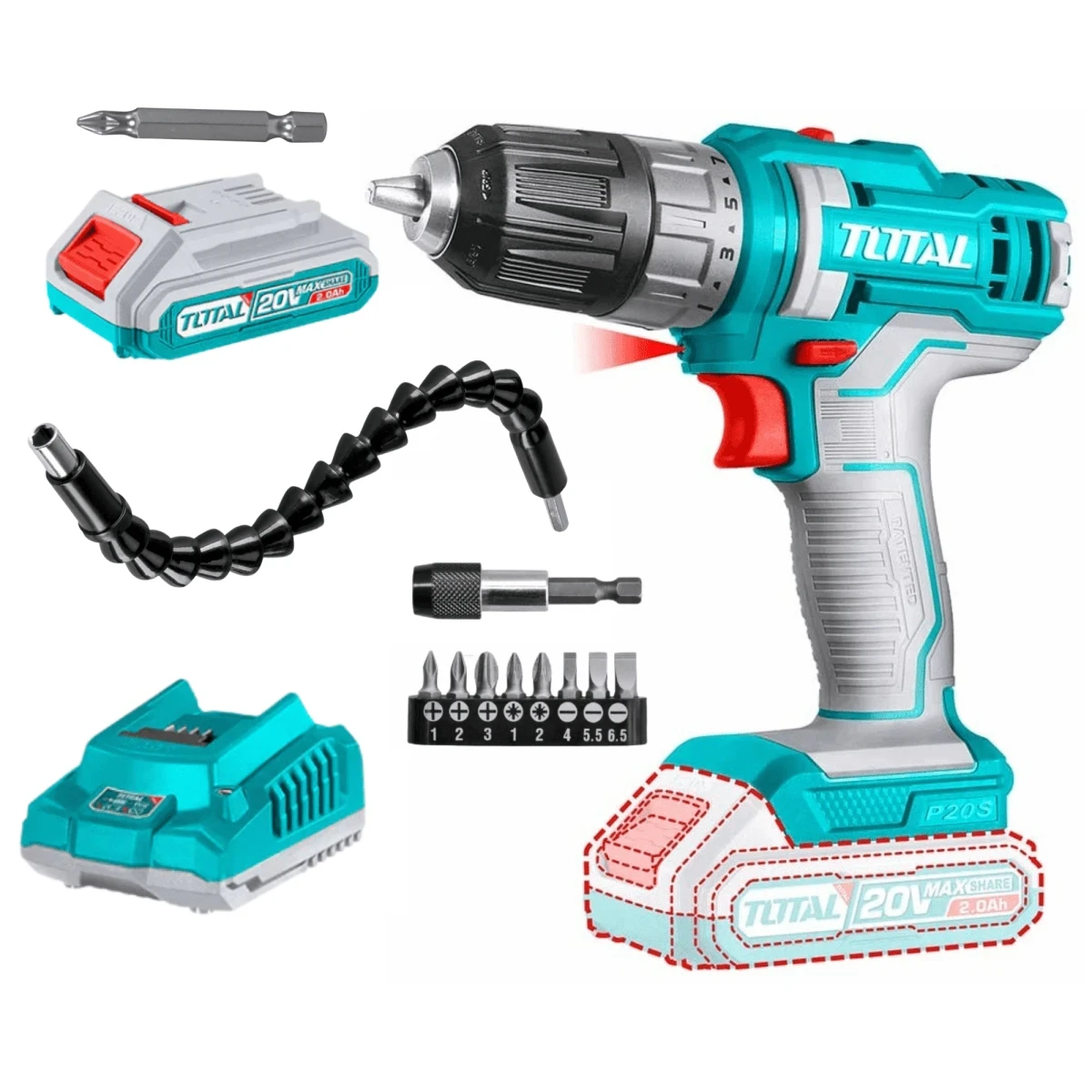 TDLI200518-TACSD3091-26095 Taladro atornillador inalámbrico 20v + bateria y accesorios total