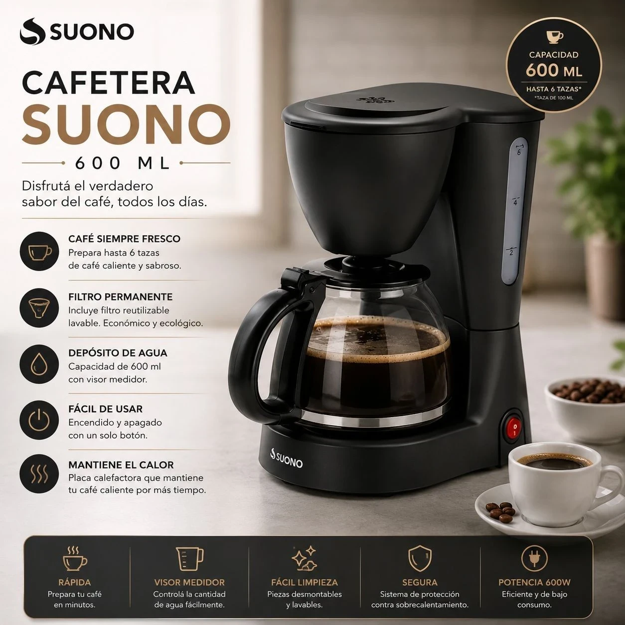 Cafetera De Filtro 600 Ml Suono