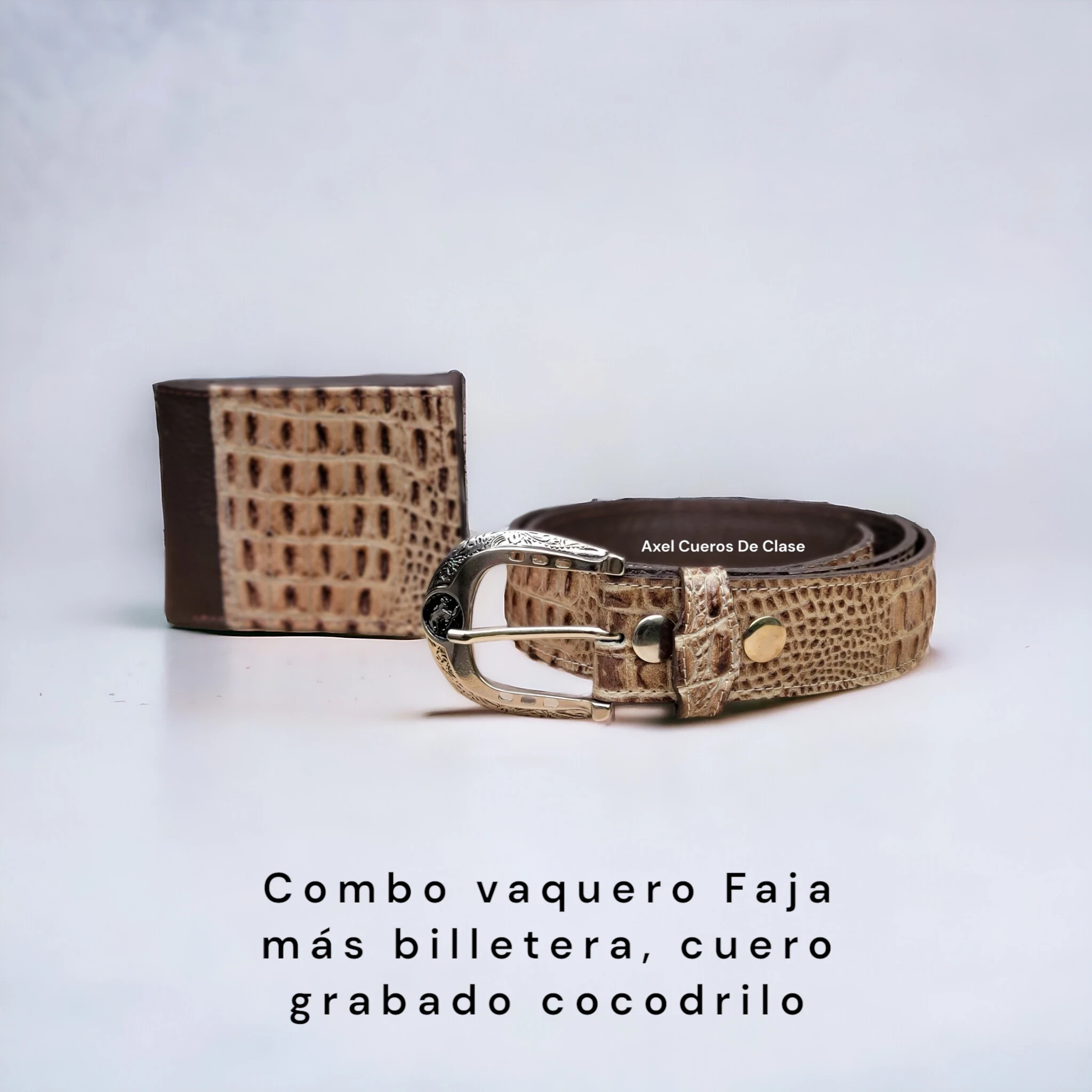 Combo faja mas billetera en cuero grabado cocodrilo 