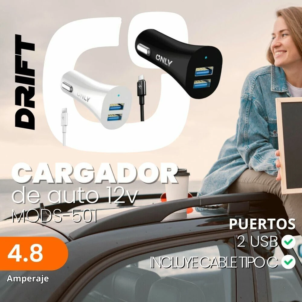 CARGADOR 12V DRIFT MODS-501 – 2 USB + CABLE TIPO C – ONLY – BLANCO 2