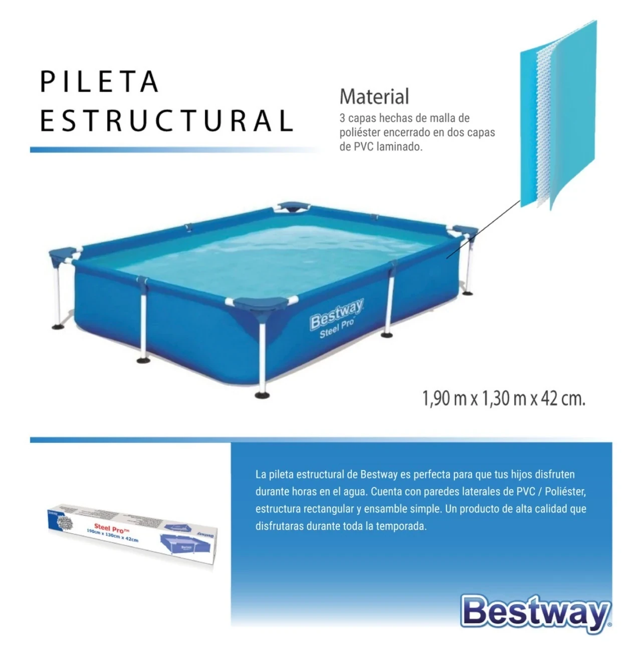 PILETA ESTRUCTURAL RECTANGULAR BESTWAY STEEL PRO 10473 CON CAPACIDAD DE 1000L 1.3x1.9M 2