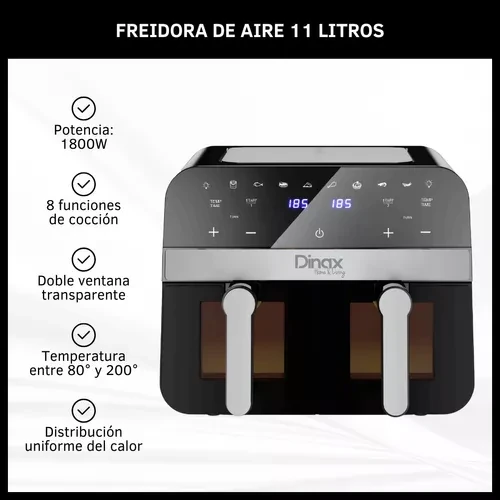 Freidora De Aire Dinax Doble Ventana Antiadherente 11 Litros 1800w 3