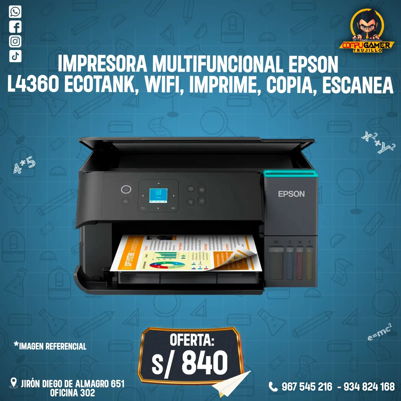 IMPRESORA MULTIFUNCIONAL EPSON L4360 ECOTANK, WIFI, IMPRIME, COPIA, ESCANEA