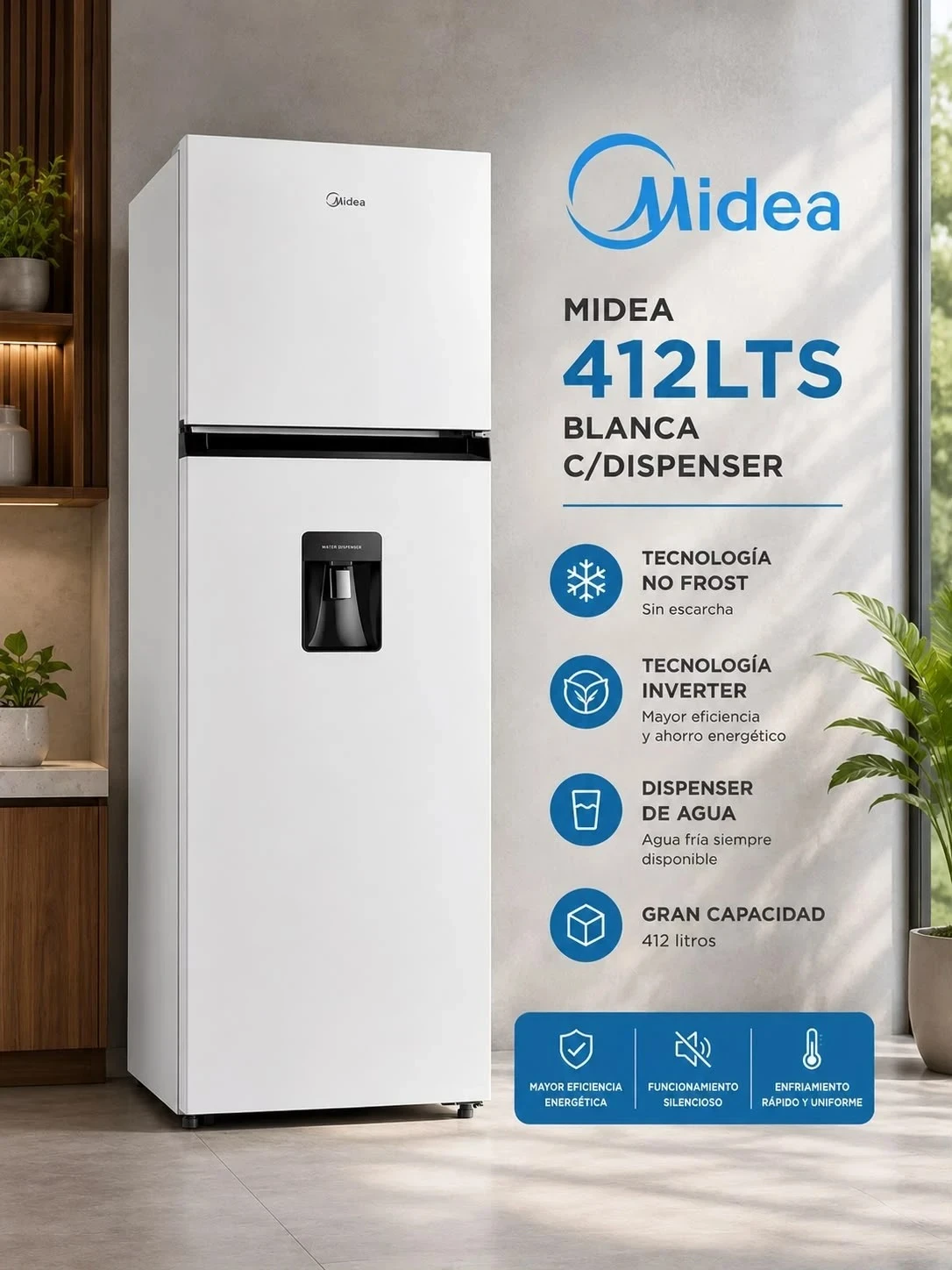 HELADERA NO FROST INVERTER 412LTS MIDEA CON DISPENSER BLANCA 