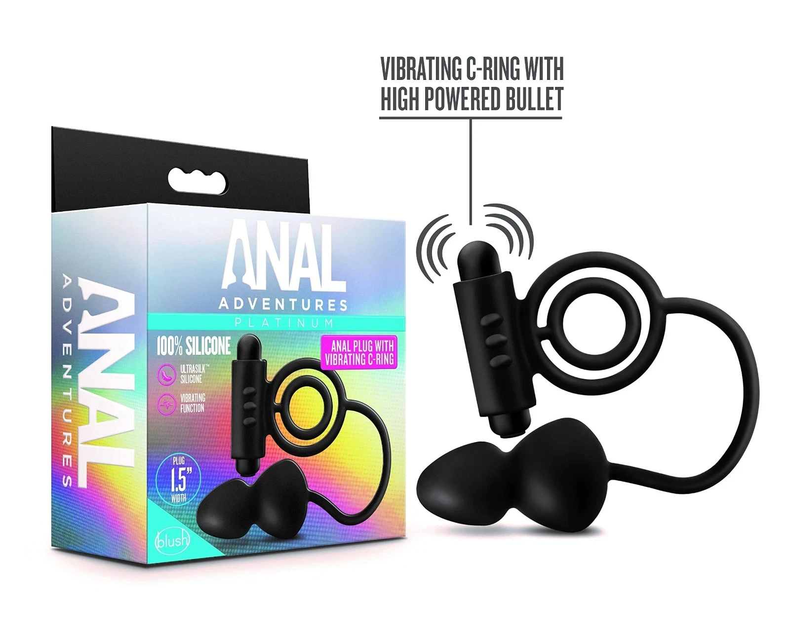 Anal Adventures Platinum - Silicone Anal Plug with Vibrating C-Ring - Black
