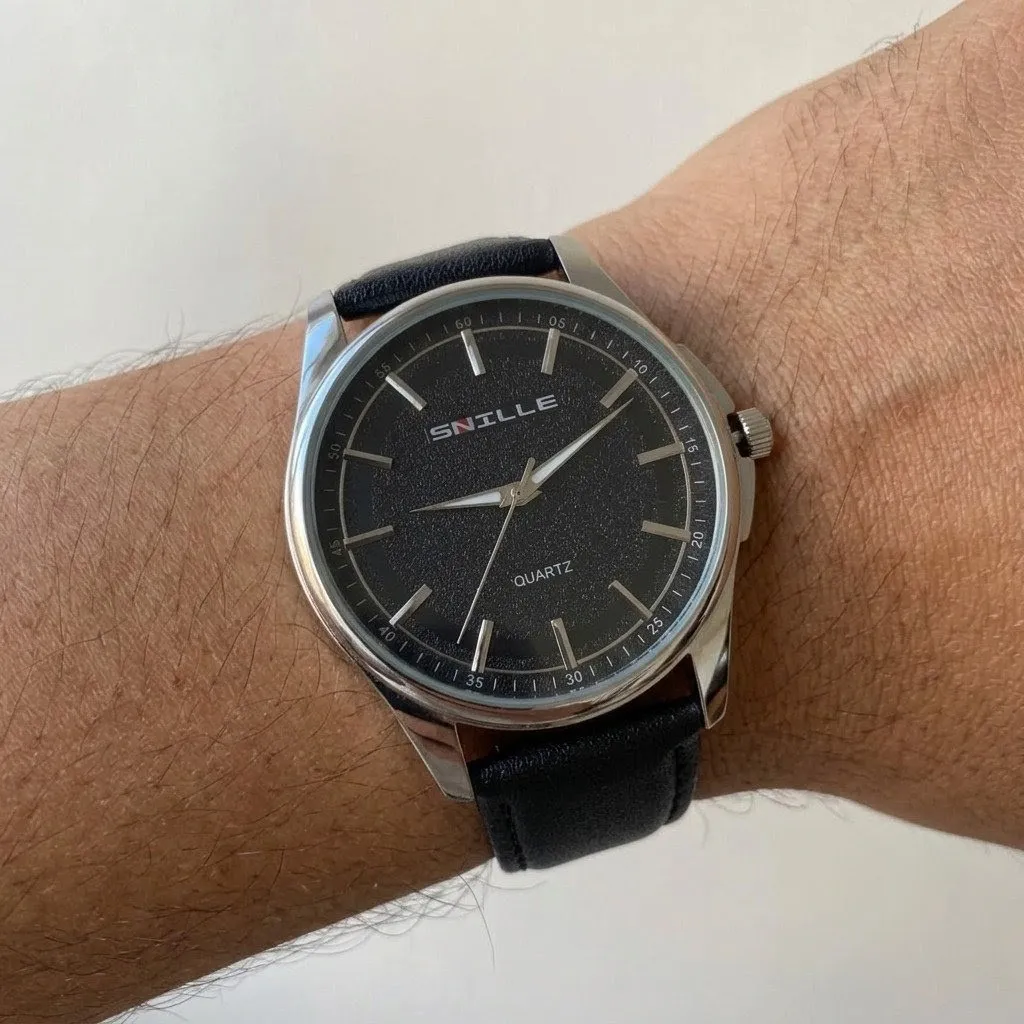 Reloj Snille Original Pulso Tipo Cuero Análogo Plateado Negro 2