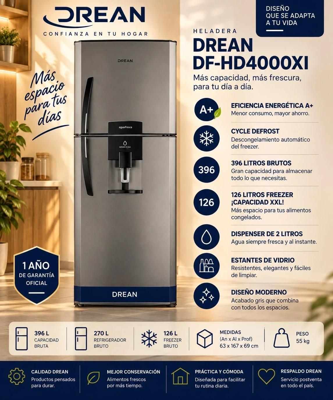 HELADERA DREAN 396L C/DISPENSER SILVER CONSULTAR DISPONIBILIDAD CON EL VENDEDOR 