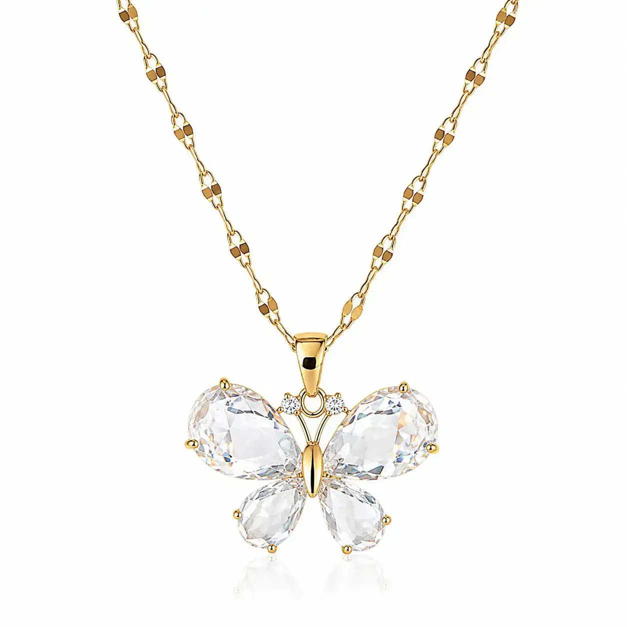 Cadena Y Dije En Acero Con Piedra Circon De Mariposa Blanca Transparente