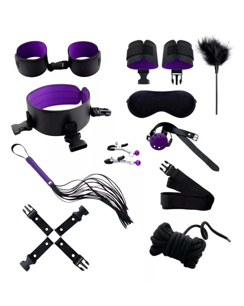 KIT 10 COLLAR, SOGA, LATIGO, PLUMA, PINZA, ESPOSAS, TOBILLERAS, ANTIFAZ, MORDAZA, CRUZ
