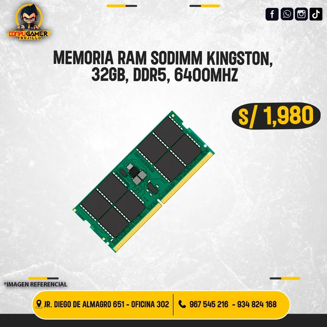 MEMORIA RAM SODIMM KINGSTON, 32GB, DDR5, 6400MHZ