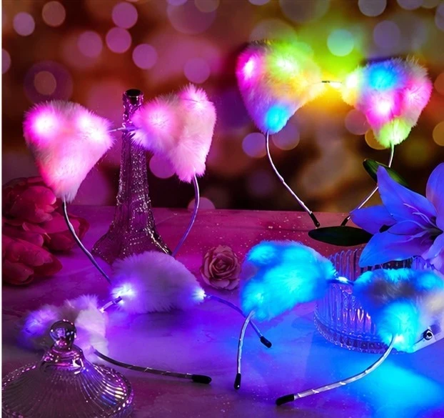 12 PIEZAS | DIADEMA OREJAS DE PELUCHE CON LUZ