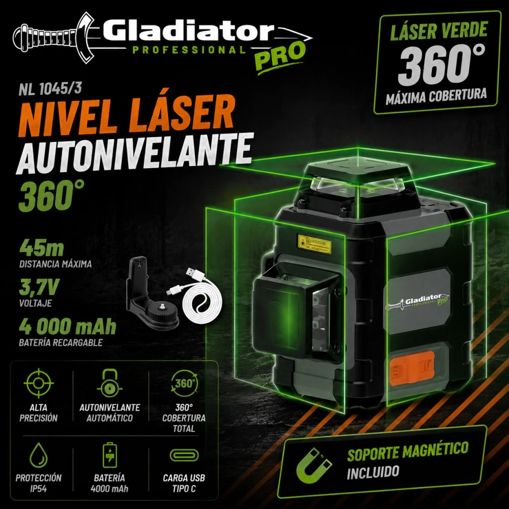 NIVEL LÁSER VERDE AUTONIVELANTE  360° 45M GLADIADOR Nl1045/3. ‼️RETIRO INMEDIATO ‼️