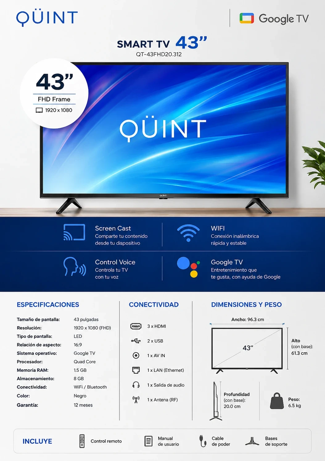 SMART TV QUINT 43” C/GOOGLE TV