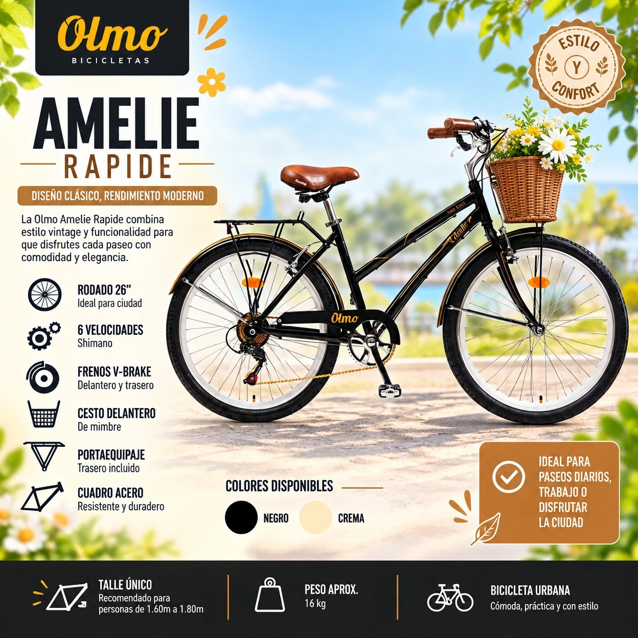 BICICLETA OLMO AMELIE RAPIDE RODADO 26 - NEGRO