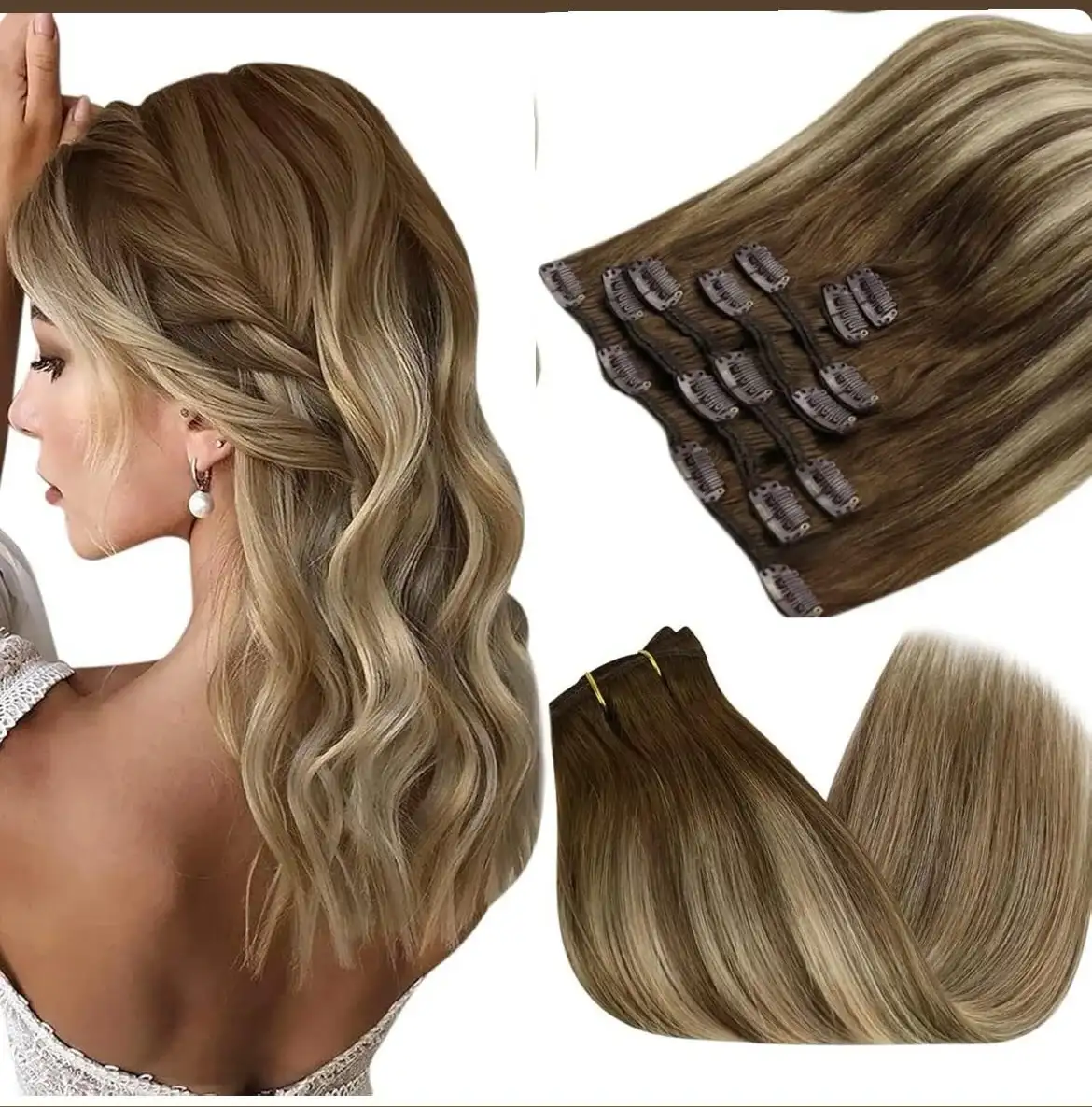 Extensiones de clip de cabello humano real - en balayage castaño degradado a rubio - 14 pulgadas, 7 unidades, 120g