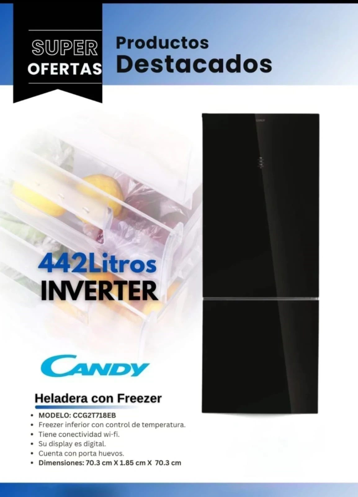 Heladera Candy 442lt inverter negra