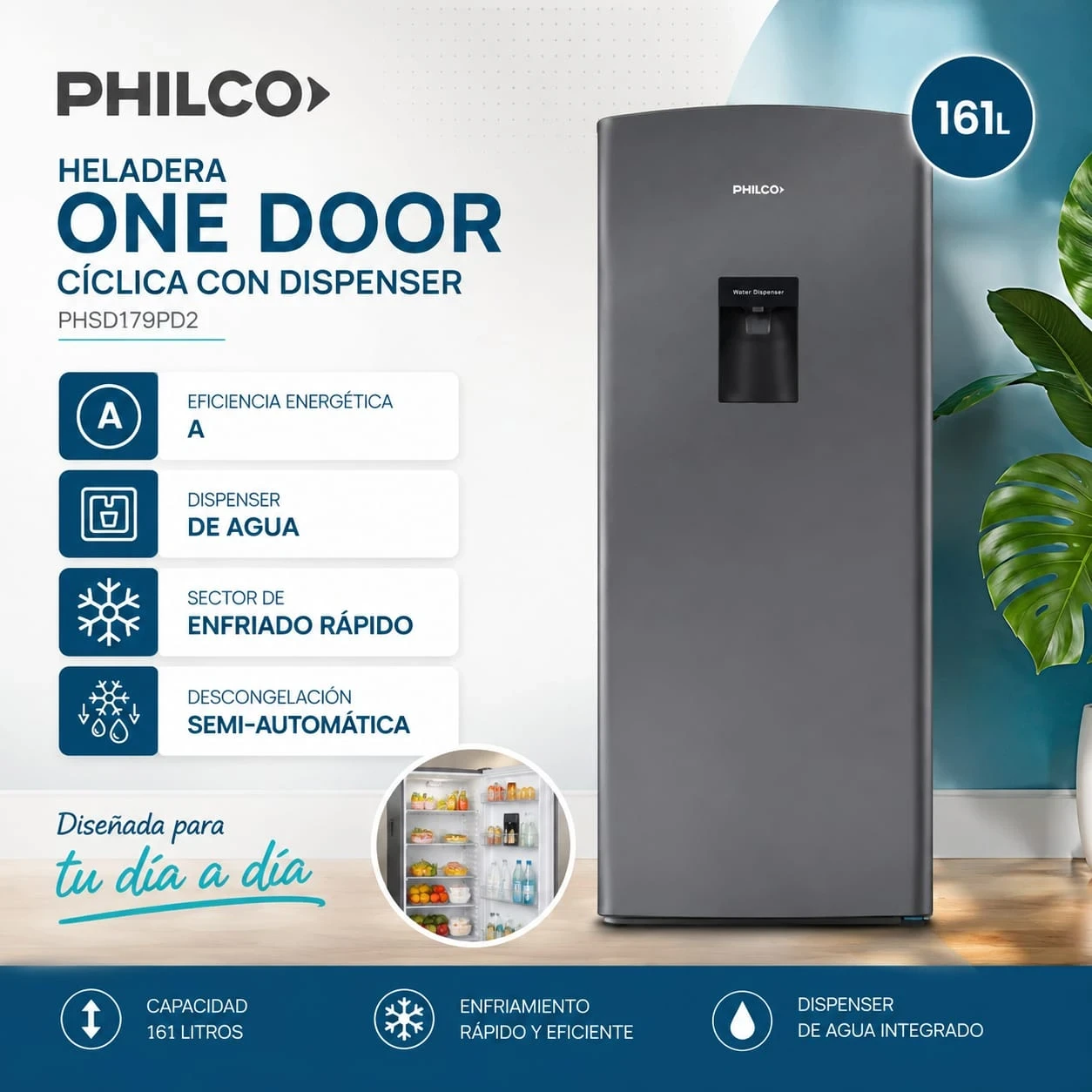Heladera Philco One Door Cíclica con Dispenser 161L Plata 