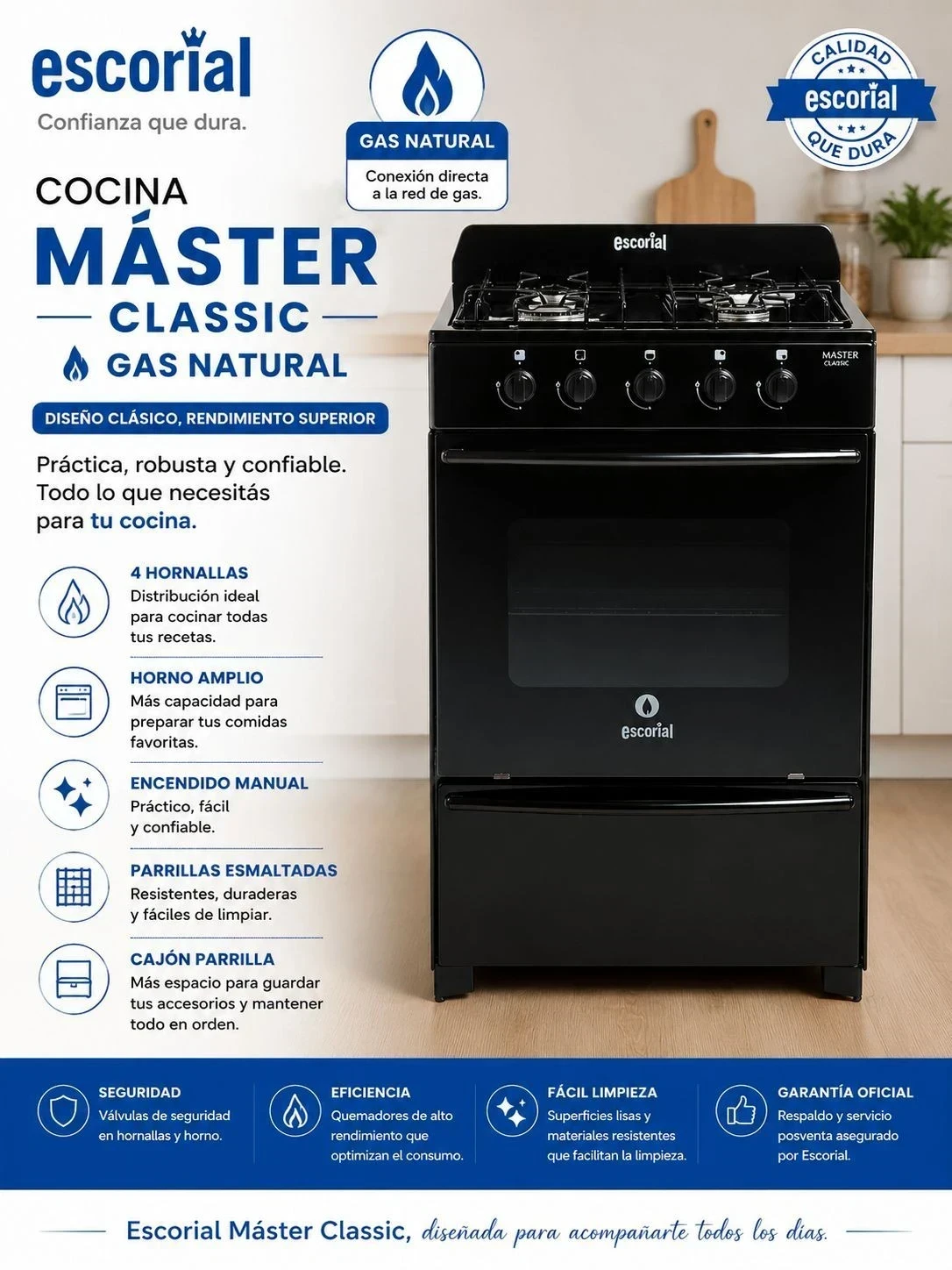 Cocina Escorial Master classic gas natural 4 hornallas negra puerta con visor 18.4L