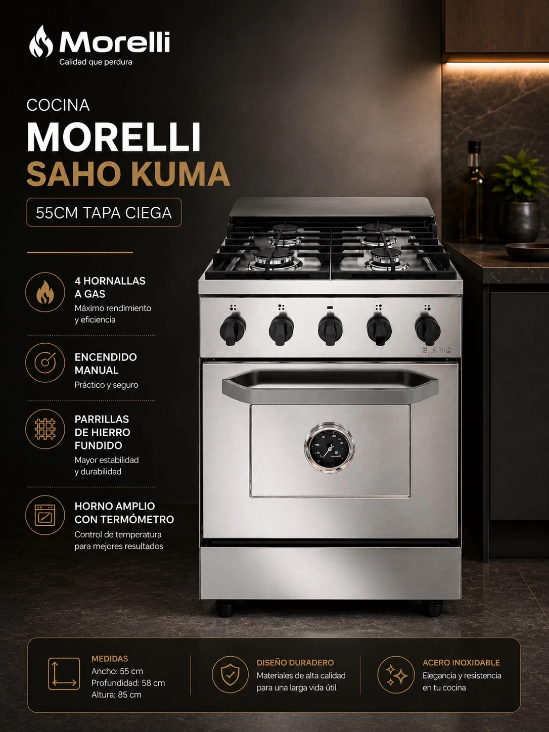 Cocina Morelli Saho Kuma 55Cm 4 Hornallas T/Ciega