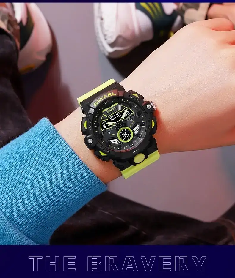 Reloj Smael Original Sumergible Deportivo Doble Hora 8085 Negro Verde Fluorescente  3