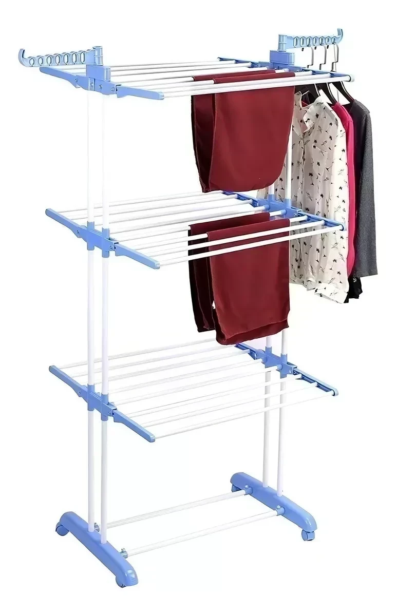 Tender 3 niveles de pie colgador ropa con rueda vertical portatil color blanco y azul 2