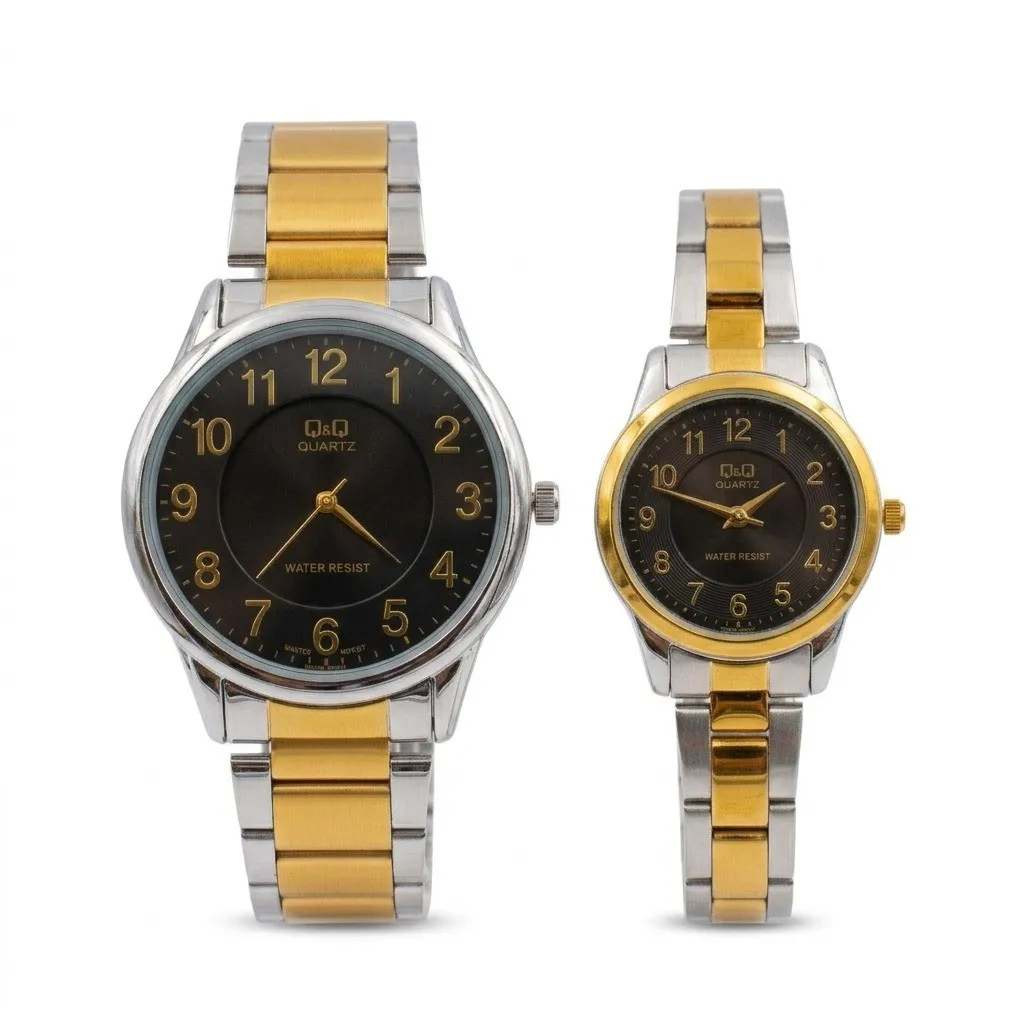 Pareja De Relojes Q&Q Original Acero Analoga Bicolor Fondo Negro 3