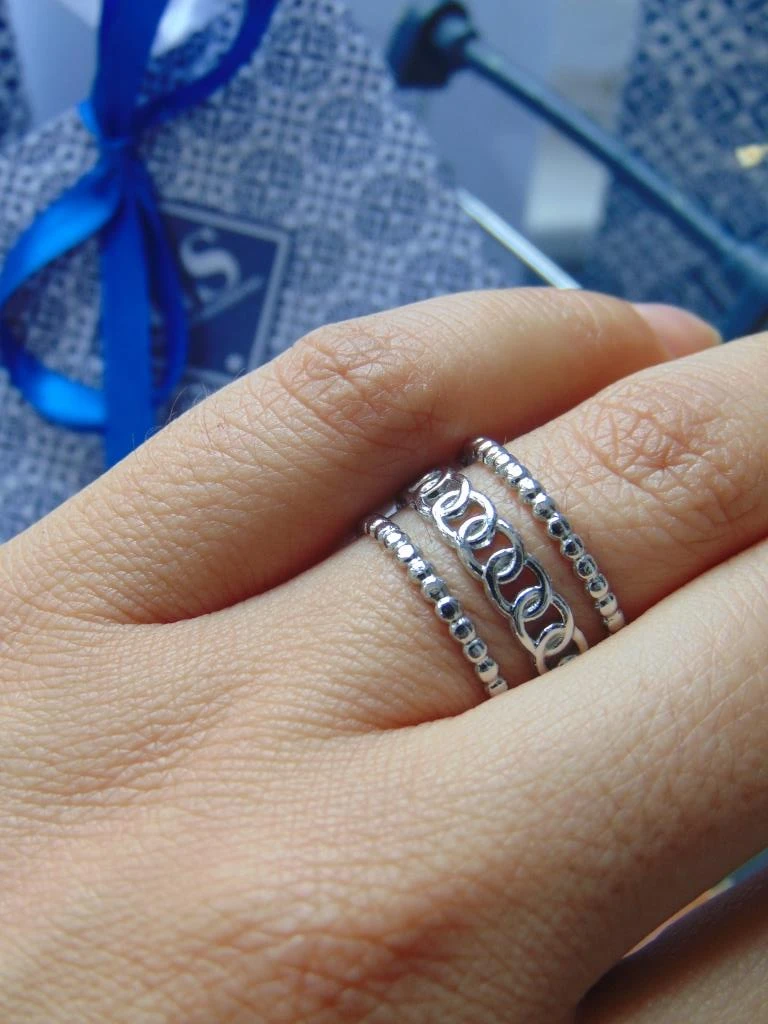 ANILLO ACERO PLATE 3 LINEAS AJUSTABLE ESLABON BOLITAS 