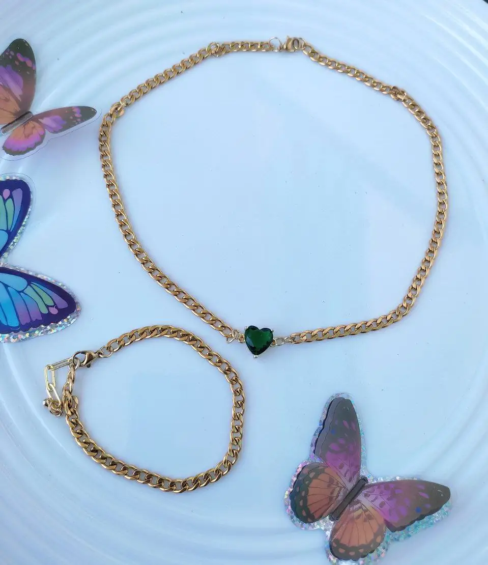 SET CHOKER CUBANO CORAZON VERDE ESMERALDA + PULSERA CUBANA 2