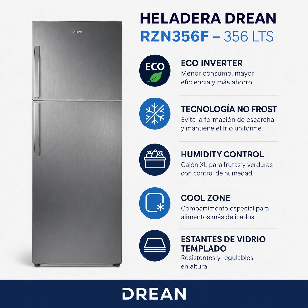 HELADERA DREAN RZN356F 356LTS NO FROST INVERTER SILVER