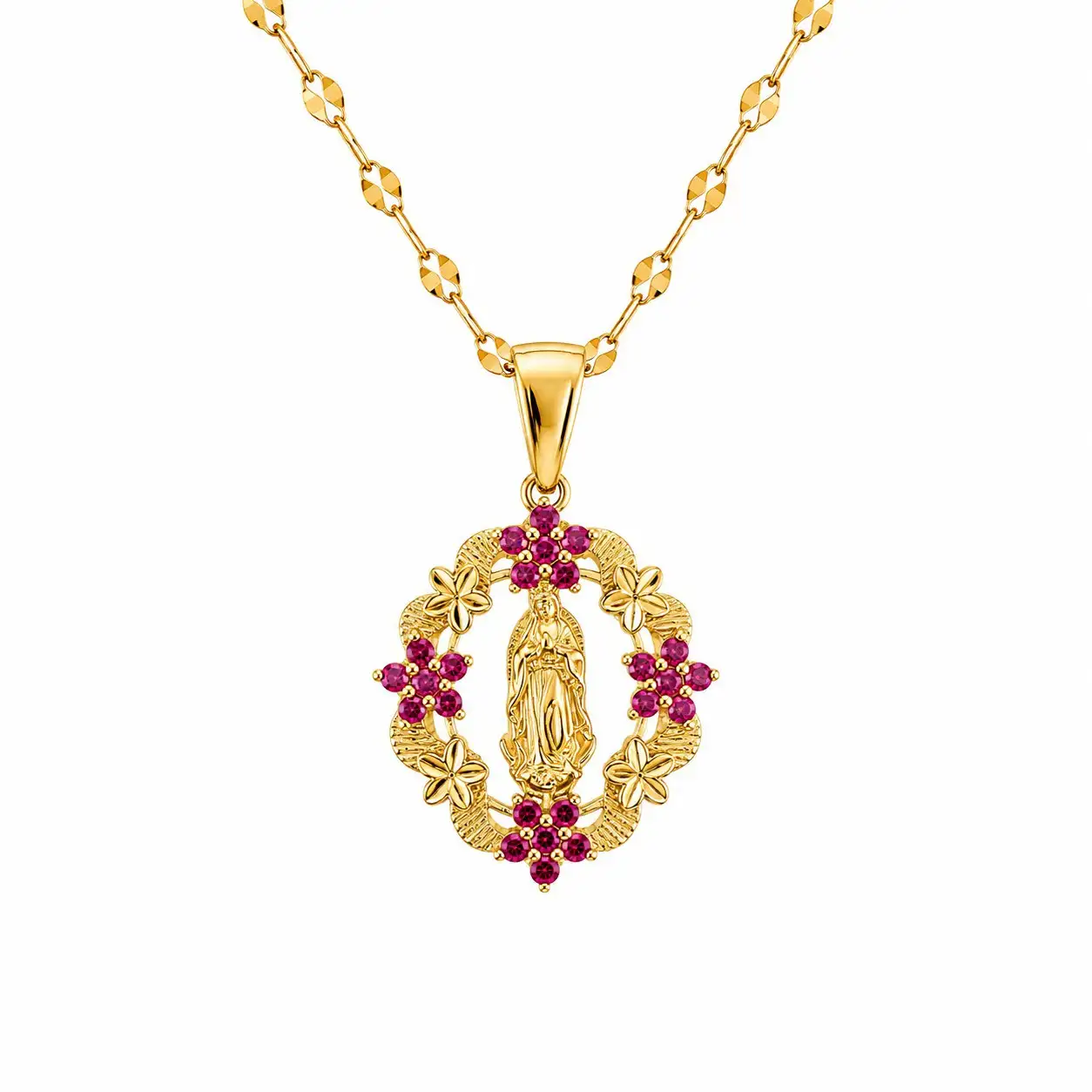 Cadena Y Dije En Acero Con Piedra Circon De Virgen Flores Fucsias