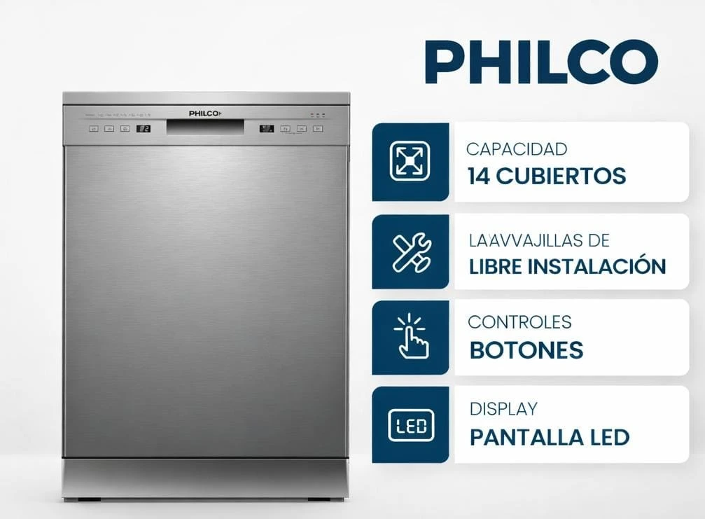 Lavavajillas Philco 14 Cubiertos Lavado Rápido
