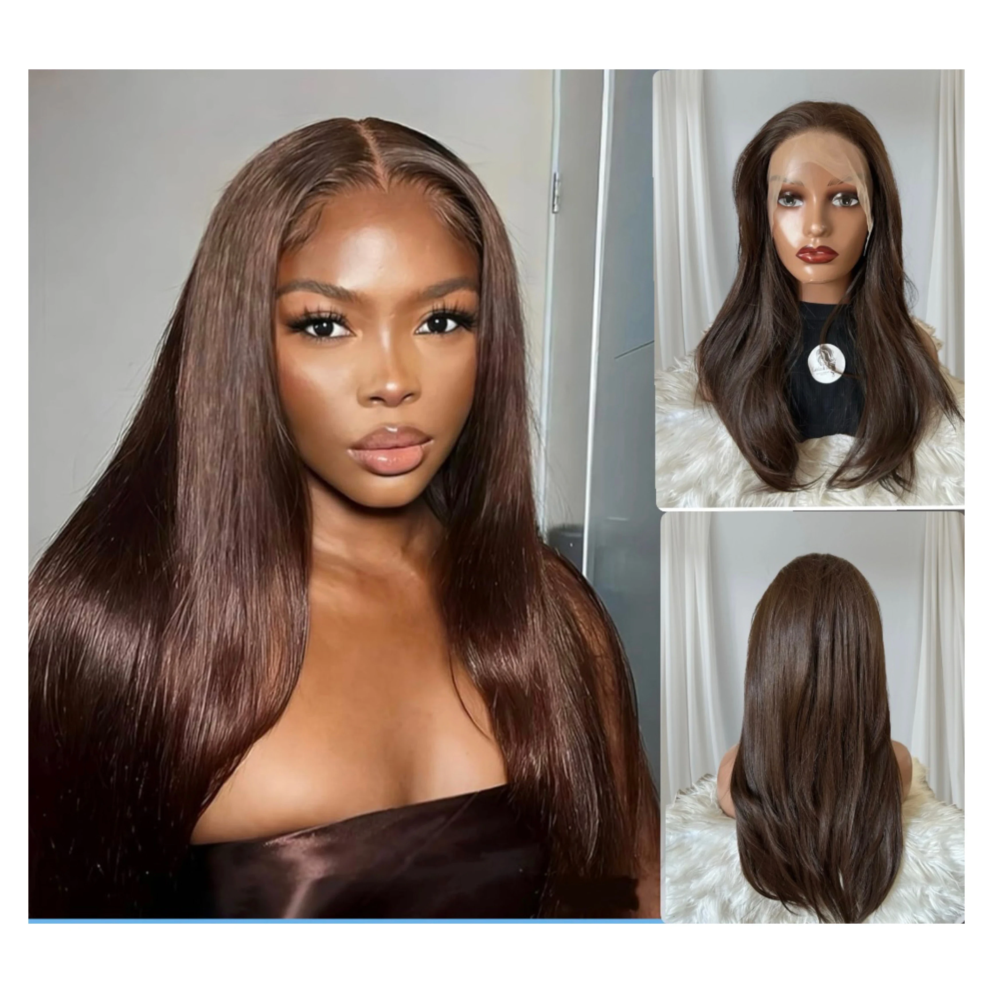 Peluca Semi natural de 22” chocolate, frontal partidura libre 