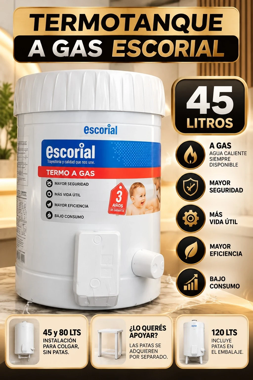 TERMOTANQUE A GAS ESCORIAL 45L CONSULTAR DISPONIBILIDAD CON EL VENDEDOR 